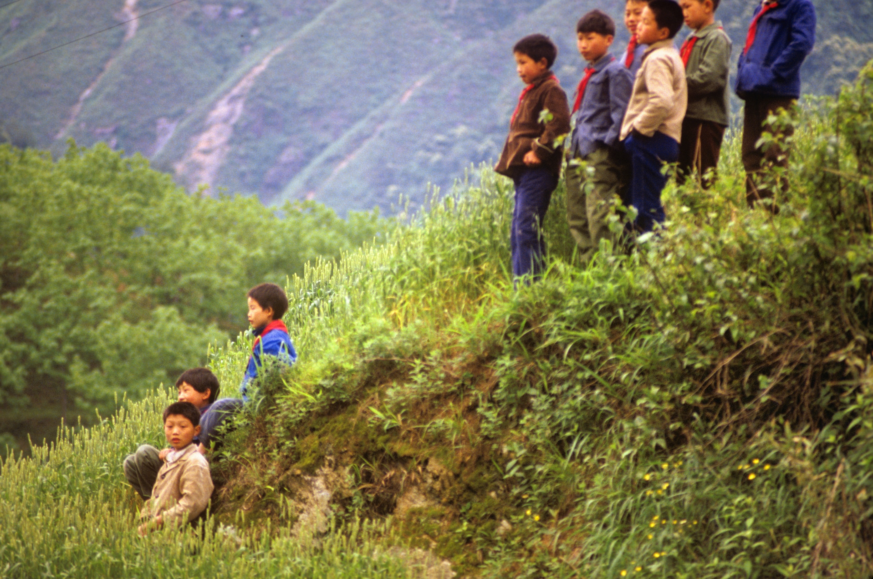 Children on a green hillside, China