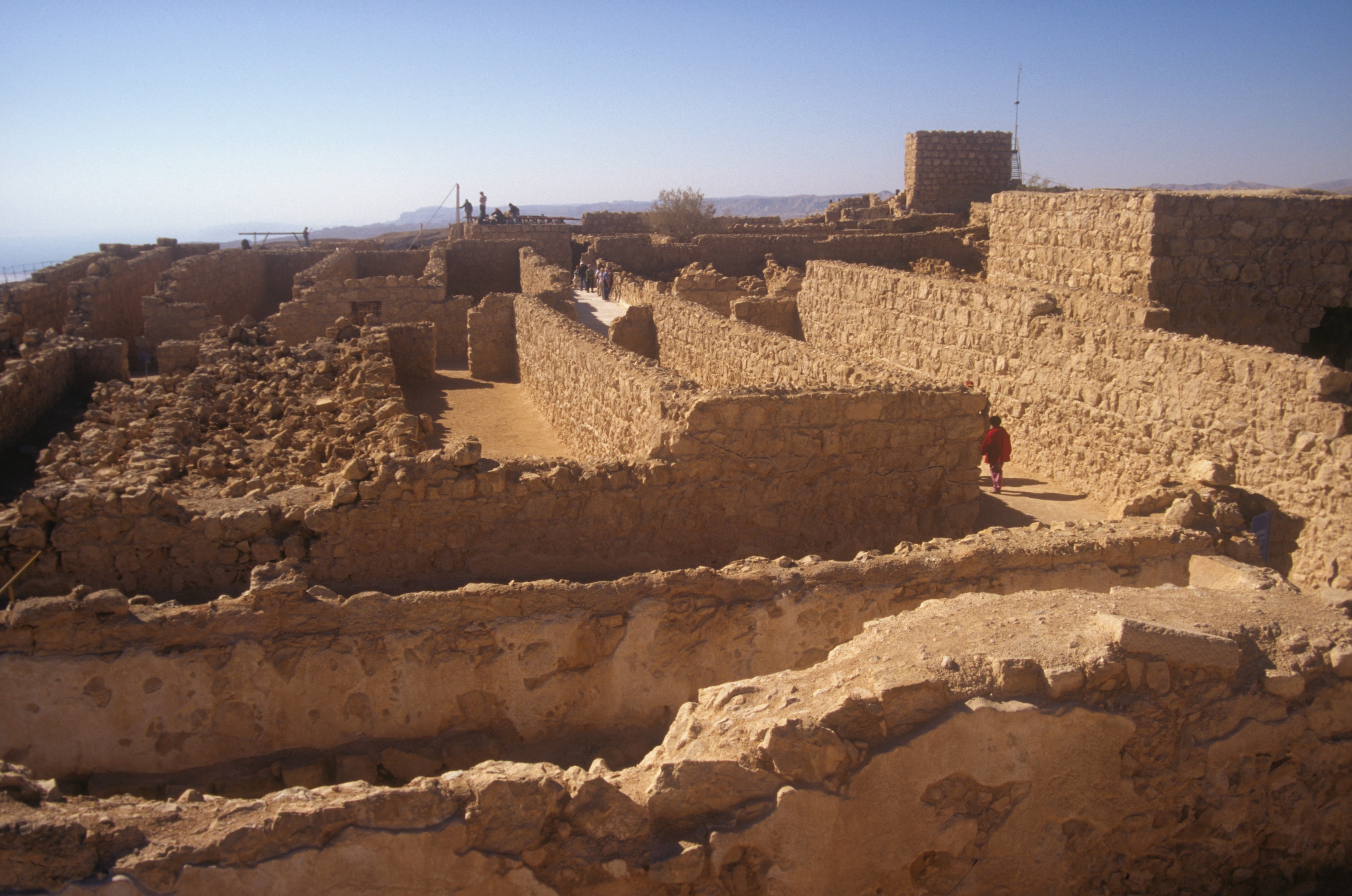 Ancient stone ruins at Masada fortress overlooking the desert in the Holy Land