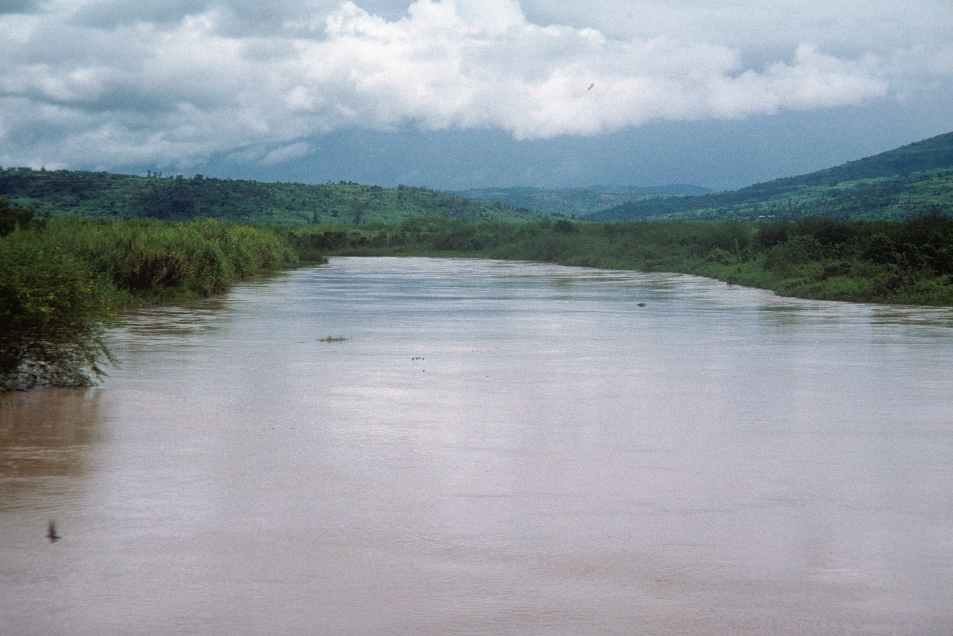 Wide river flowing through a lush green valley with mountains in Rwanda